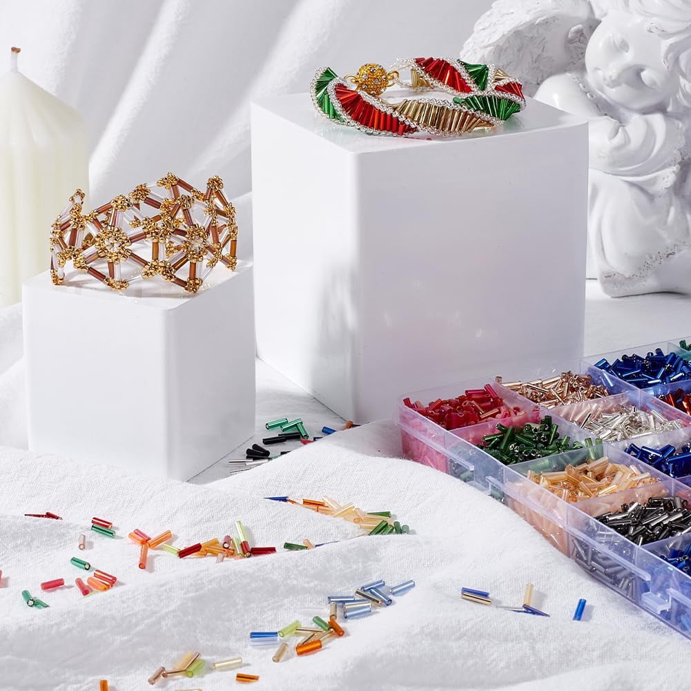 1 Box 290g+ 7200Pcs+ 24 Styles Bugle Bead 7MM Tube Beads Colorful Glass Small Mixed Long Column Kit Spacers for Jewelry Making Findings DIY Crafts Bracelets Necklaces Clothe Embroidery Colorful