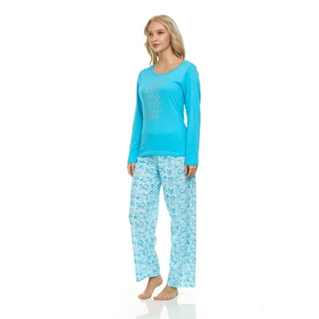 

Lati Fashion 100% Cotton Women Pajamas Set Pants and Top Long Sleeve 2-Piece Female Pajamas Set Blue L