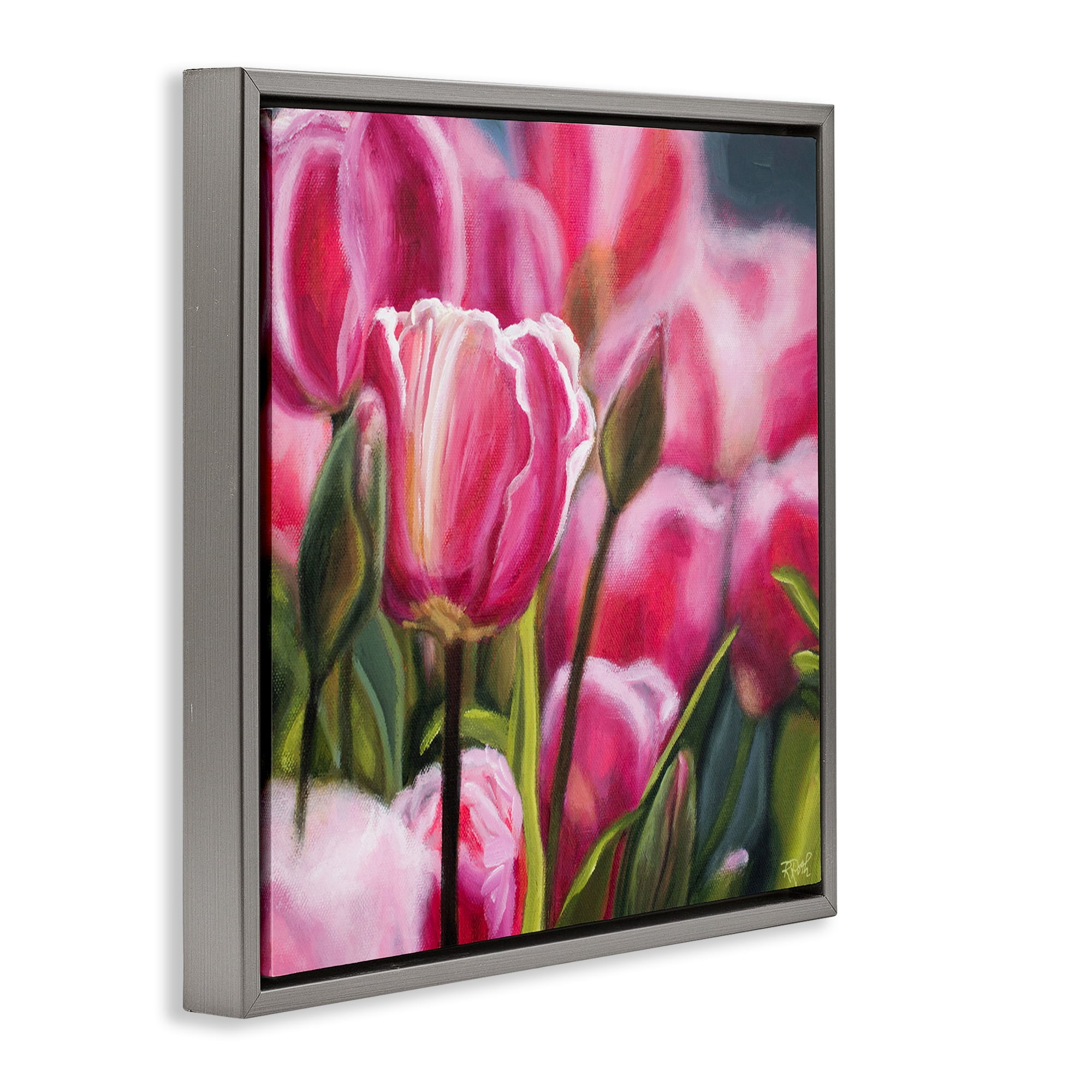 Stupell Industries Pink Tulips Garden Plants & Flowers Painting Gray Floater Framed Canvas Art Print Wall Art, 25 x 25