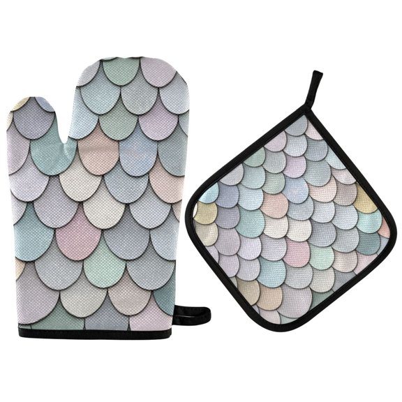 Yayeee Oven Mitts and Pot Holder Set of 2 Heat Resistant Kitchen Gloves Baking Hot Pad, Light Blue Shimmering Pattern