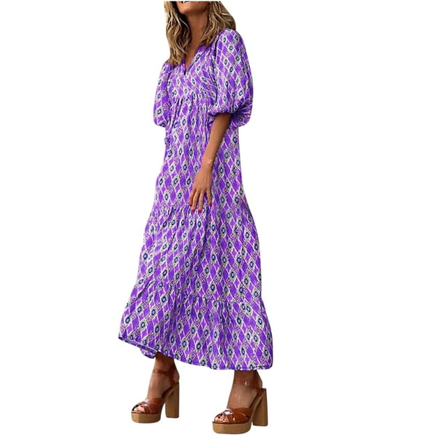 RKSTN Robes pour Femme Robe à Imprimé Floral à Manches Bouffantes Grande Taille Robe à Manches Courtes à Col en V Fluide Robe Maxi de Soirée
