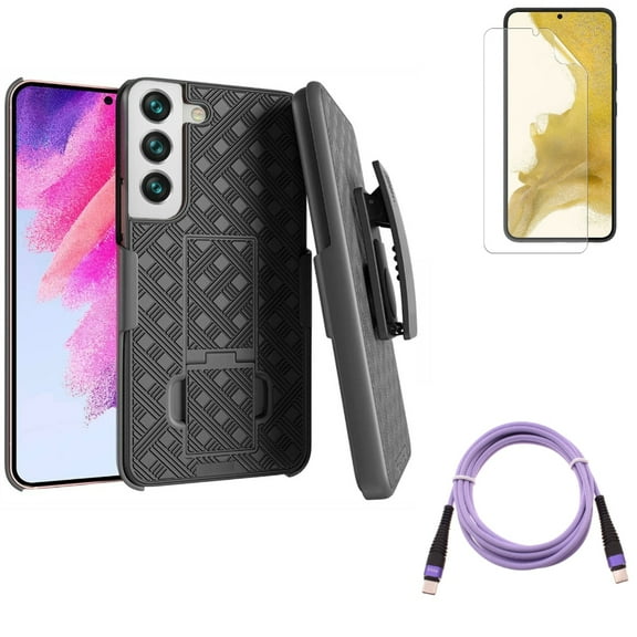 Matte Screen Protector & Case Belt Clip & Purple 6ft PD Cable for Samsung Galaxy S22 (6.1") - TPU Film Anti-Glare & Holster Swivel & Type-C to USB-C Long Charger Cord Accessory Bundle