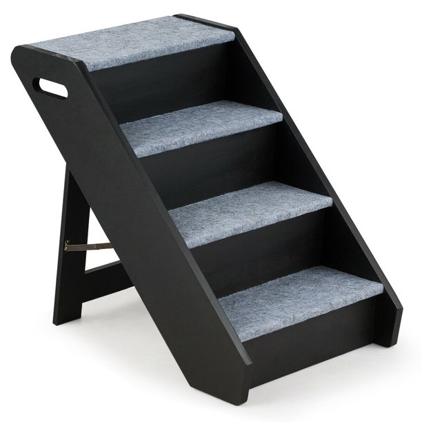 4-Step Wooden Ramp Carpeted Pet Stairs with Handle ...