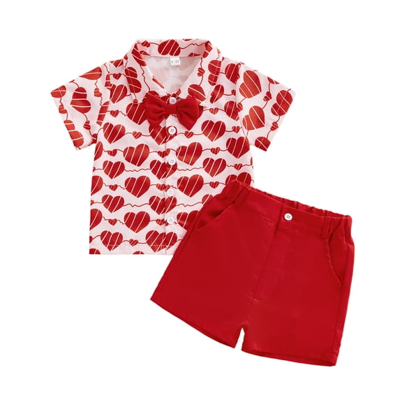 Splozh Dinosaur Outfit for Boys Toddler Boy Valentines Day Outfit Heart Print Tops Shorts Set Little Boy Valentines Outfit Red,18-24 Months