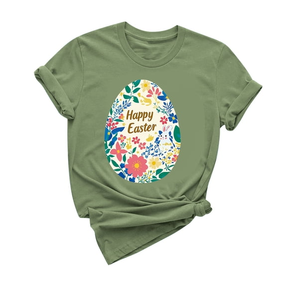 Ytndtr Women's Happy Easter Egg Shirts Funny Bunny Print T-Shirt Short Sleeve Rabbit Graphic Tees Tops