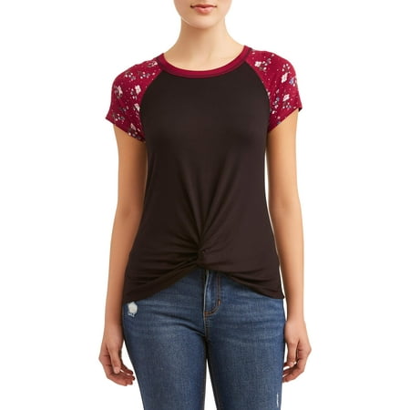 - Juniors' Printed Contrast Ringer Twist Front Short Sleeve T-Shirt