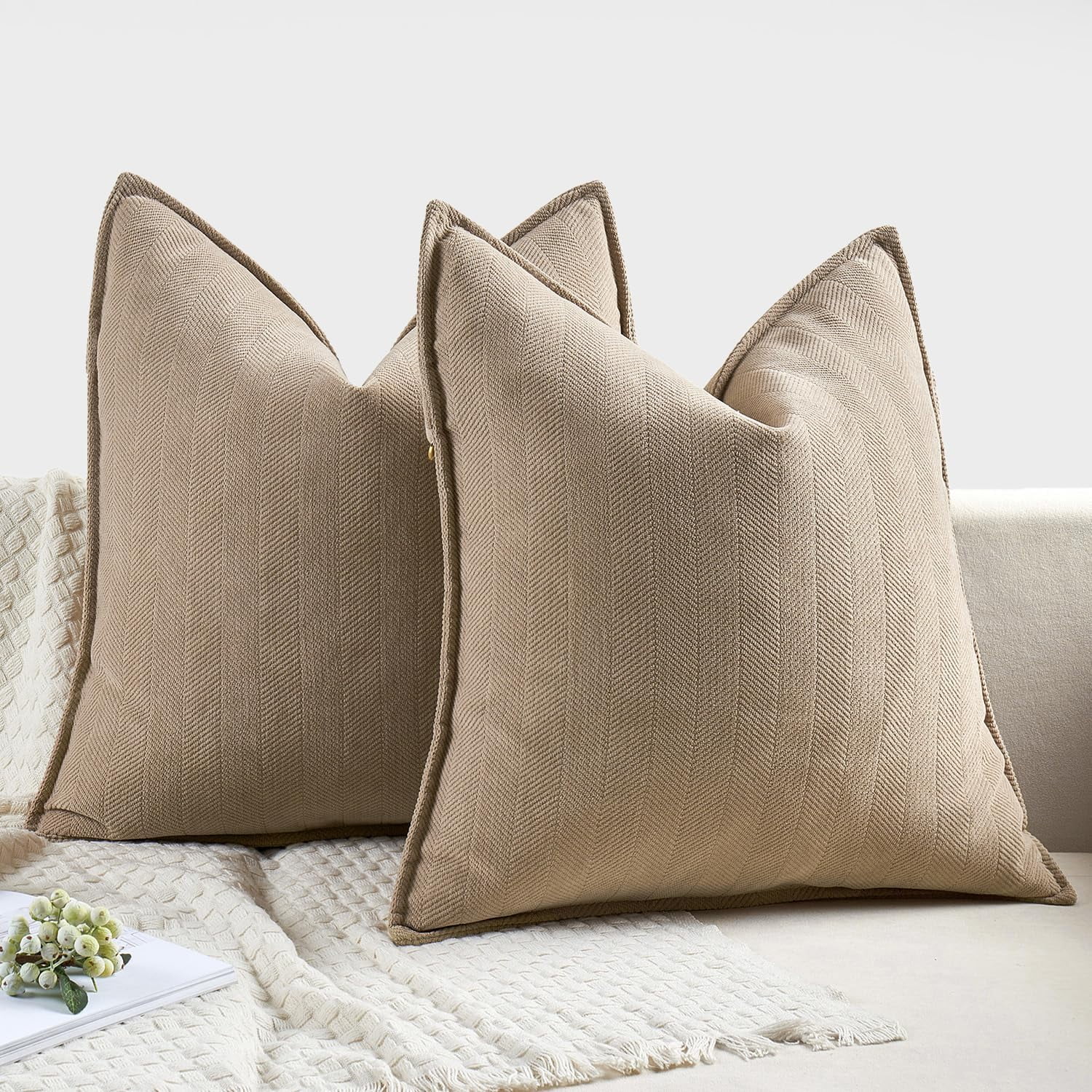 Pack of 2 Khaki 20x20 Inch Decorative Pillow Covers Soft Chenille Couch Throw Pillows Farmhouse Cushion Covers for Sofa Bedroom Living Room
