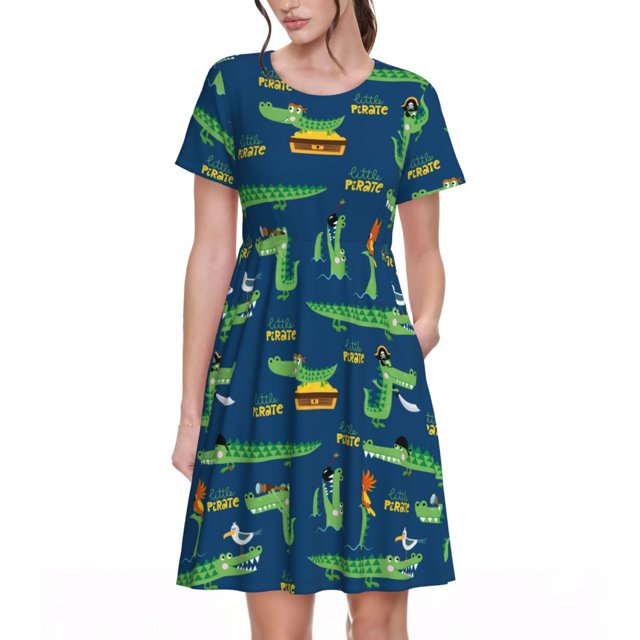 Disketp Little Pirate Crocodile para Vestido de Manga Corta para Mujeres, Vestidos de Verano para Mujeres, Casual y Holgado para la Playa