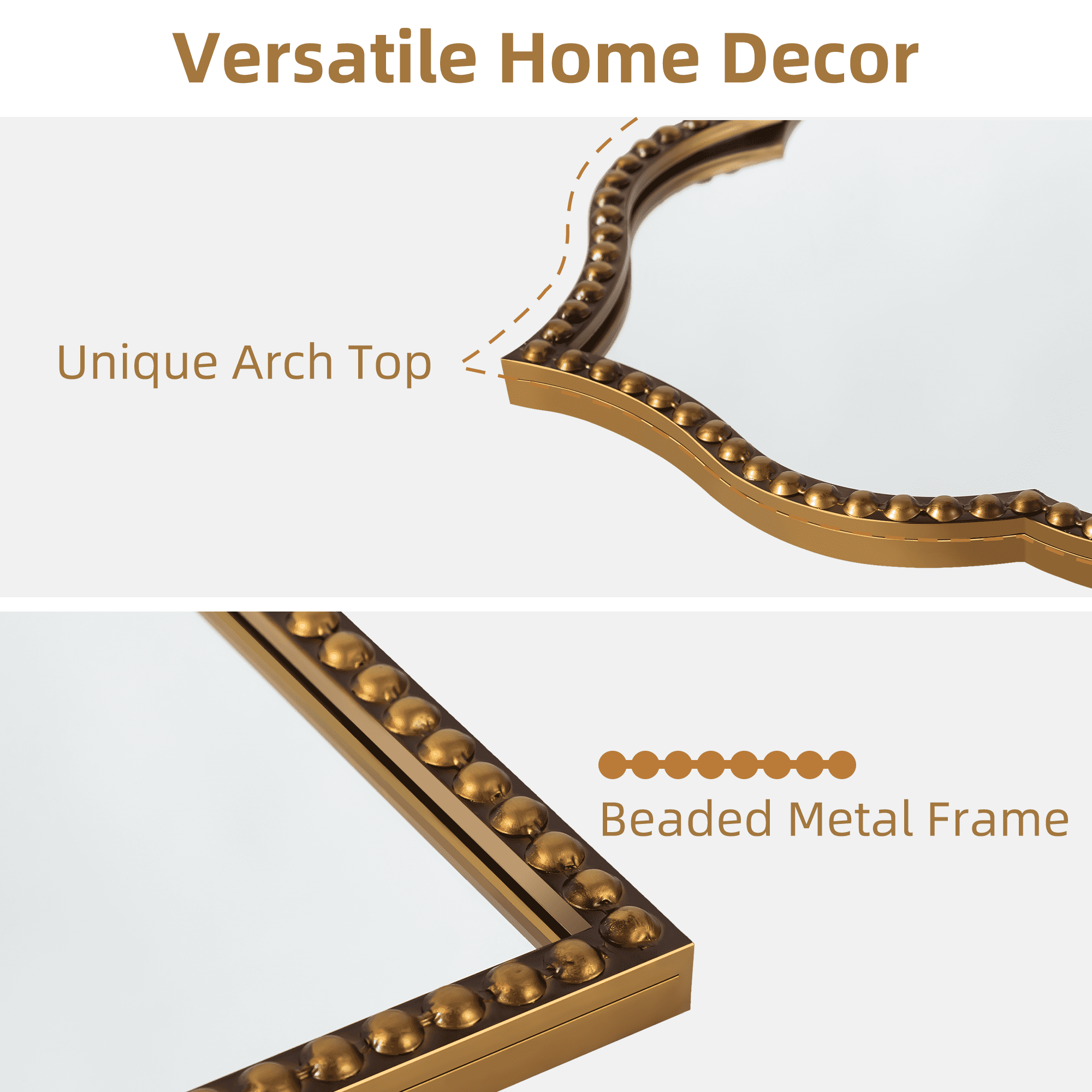 MAYEERTY 59x20 Iron Thai Beaded Right-Angle Arch Gold Full-Length Mirror