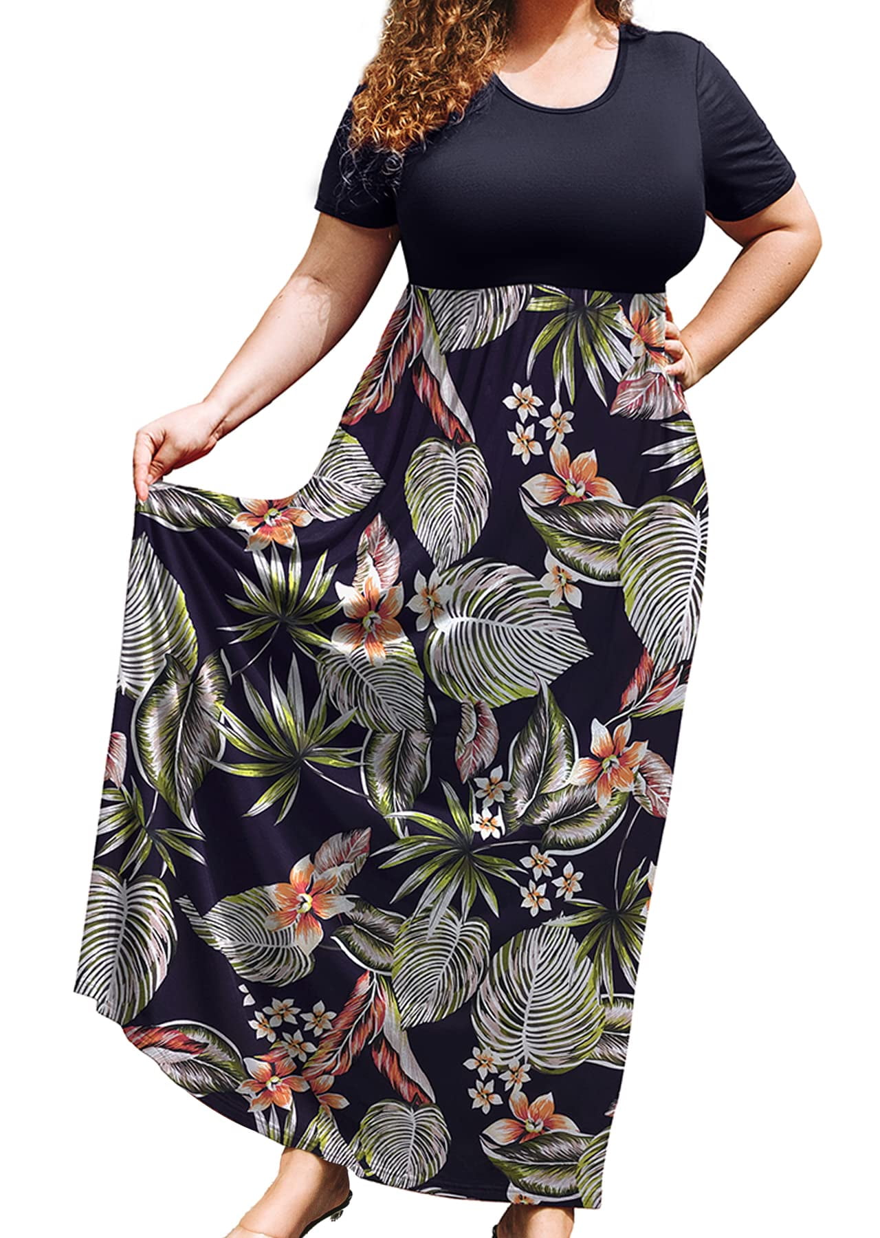 SHOWMALL Plus Size Summer Maxi Dress for Women Colorful Big Leaves 3X ...