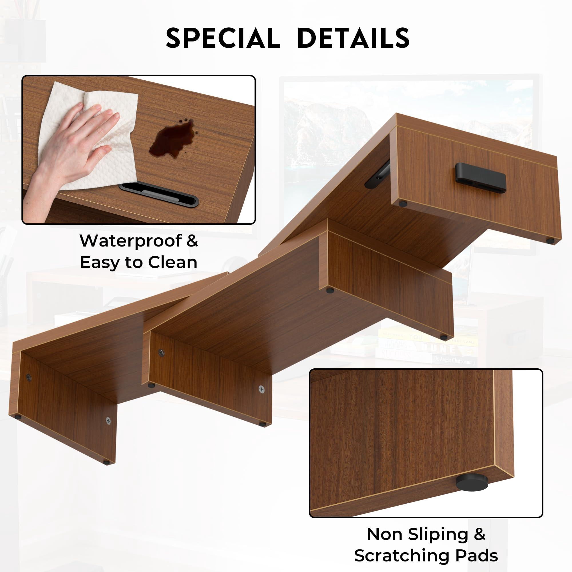Dual Monitor Stand Riser With Smartphone Holder  Adjustable Length & Swivel Angle Wooden Desktop Organizer For Pc Laptop Printer Large Storage Walnut