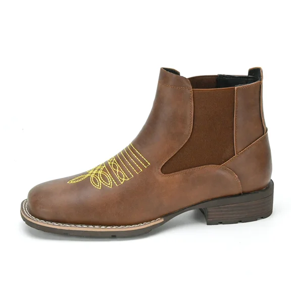 Men's Leather Chelsea Boots, Slip-On Elastic Side Yellow Embroidered Western Style Ankle Martin Boots