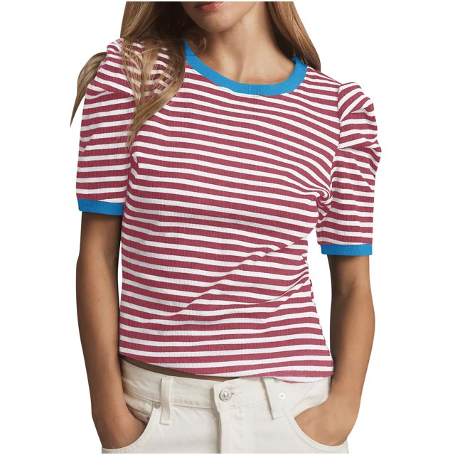 Hauts à Encolure Carrée pour Femmes Ndbuld T-Shirt d'Été à Rayures pour Femmes à Manches Courtes Manches Bouffantes Blouse à Col Rond Décontractée Klim à Blocs de Couleur Tendance T-Shirts à Rayures à Col Rond Hauts Rabais, Rose, P