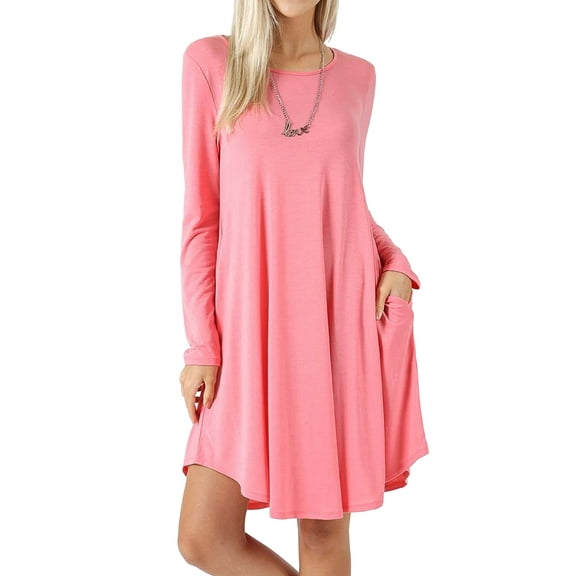 Women Long Sleeve Round Neck A-Line Pleated Knee Length Tunic Dress with Side Pockets (Rose, 2X)