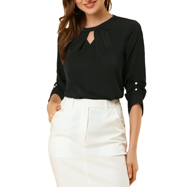 INSPIRE CHIC Women's Work Pleated Shirred 3/4 Sleeve Pullover Top