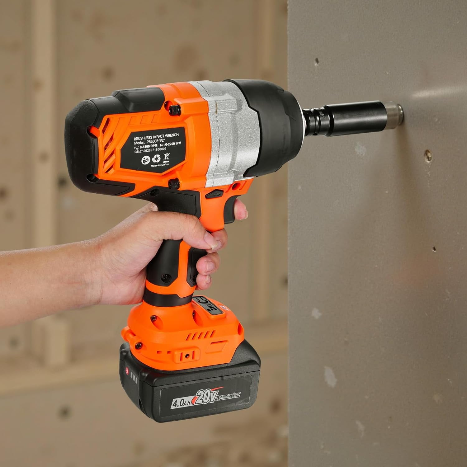 20V Cordless Impact Wrench 1/2", 1300Nm High Torque Brushless Motor, 2×4Ah Batteries, Charger, 5 Sockets, Belt Clip