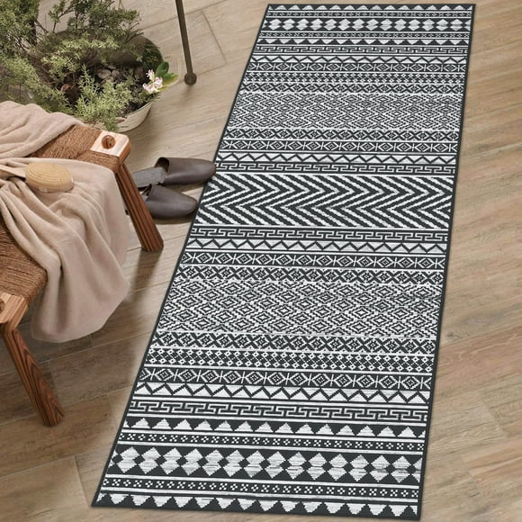 EastVita Area Rugs Carpets 1150Gsm 350Gsm Velvet Heavy Pearl Velvet Washed Back Folding Printed Carpet-Boho-Black And White Lines Black tone 2*6ft