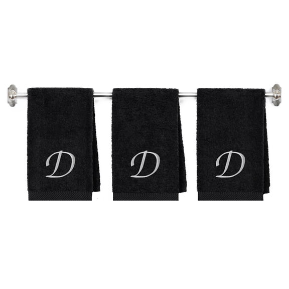 Embroidered Hand Towels Set of 3, Monogram Initial D, Cotton, Black