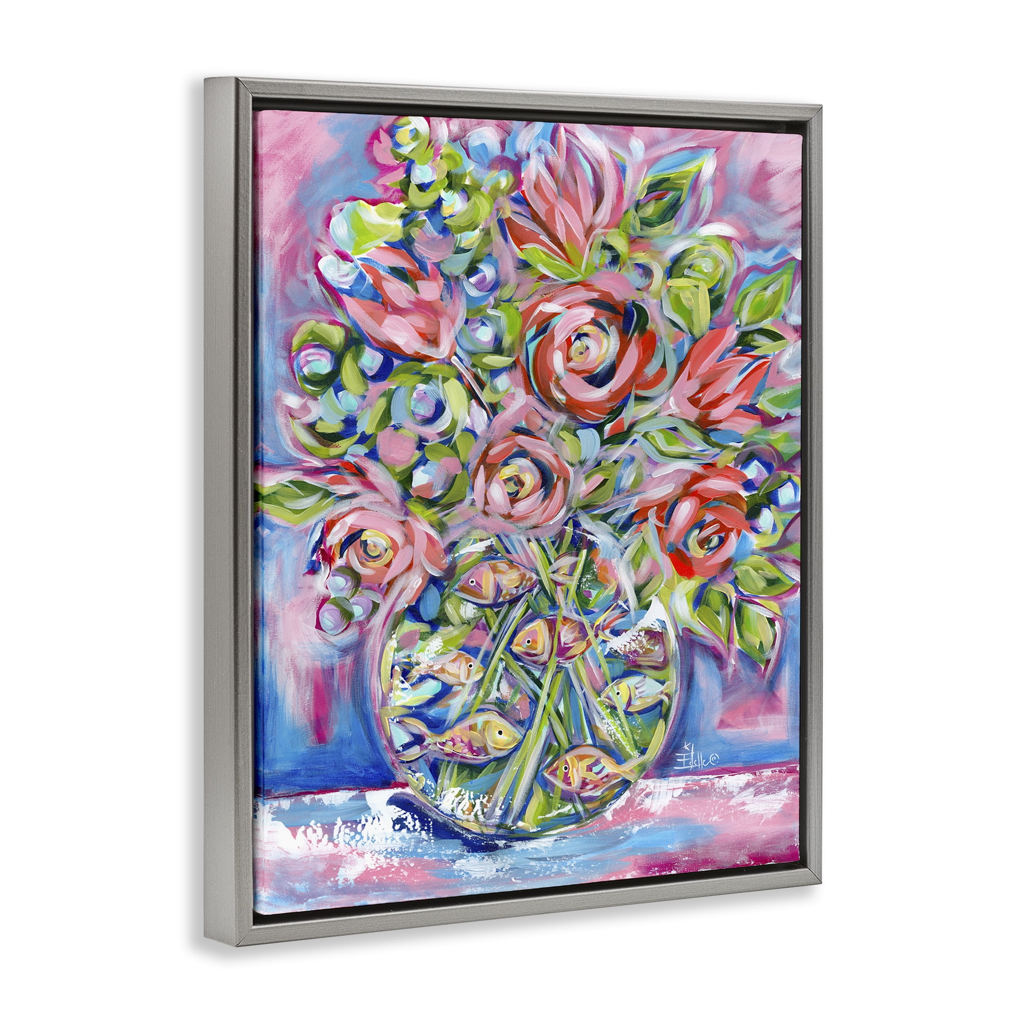 Stupell Industries Roses & Goldfish Vase Botanical & Floral Painting Gray Floater Framed Art Print Wall Art, 17 x 21
