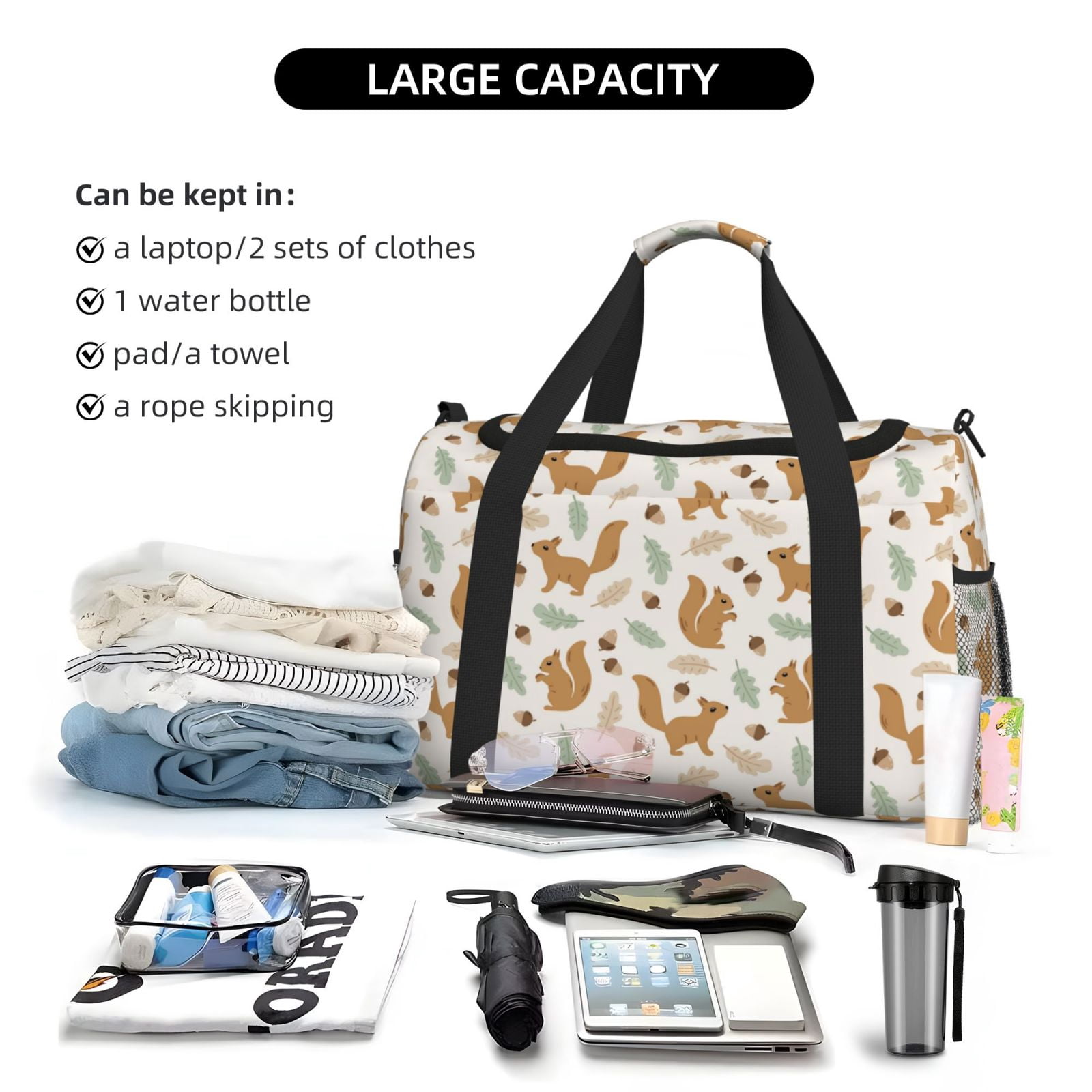 Fuzoiu Squirrel And Leaves Print Travel Duffle Bag,Carry On Tote Bags,Duffel Bag,Sport Gym Bag, Hospital Bag for Labor and Delivery, Overnight Bag,Luggage Bag