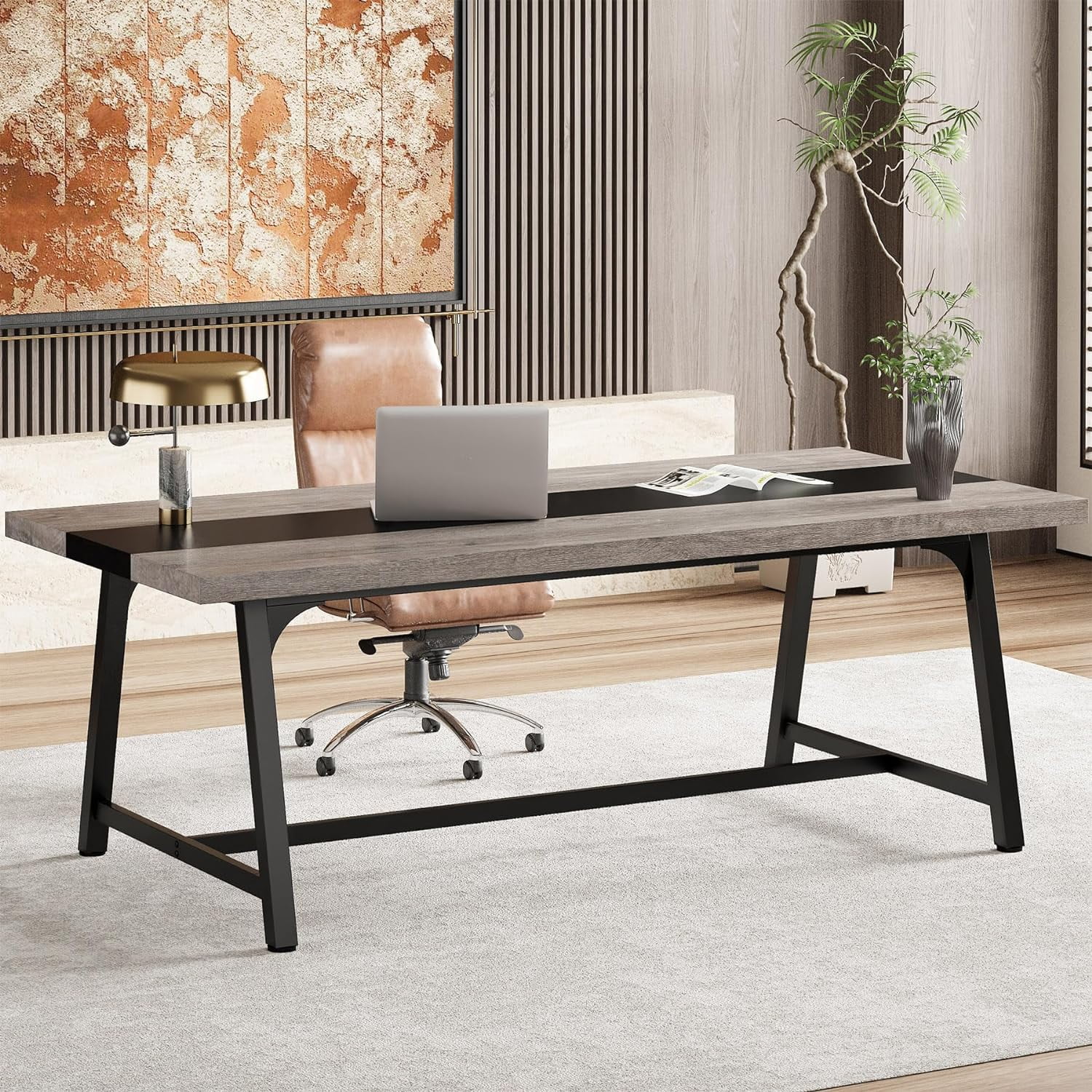 Finmind Executive Office Desk, Large Workspace, Modern Adult Writing Table, 70.87" L x 33.46" W x 29.92" H (Grey & Black)