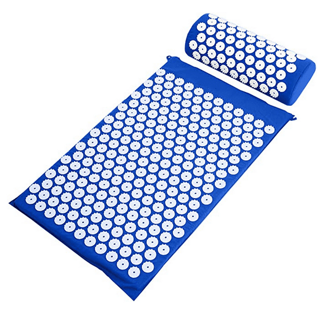 Acupressure Mat and Pillow Set for Back/Neck Pain Relief and Muscle Relaxation. The set features a blue foam mat and a matching pillow, both with white acupressure points to alleviate muscle tension, enhance circulation, and reduce stress. The mat is large enough for full back support, while the pillow targets neck pain relief. Suitable for relaxation, stress reduction, and muscle recovery.