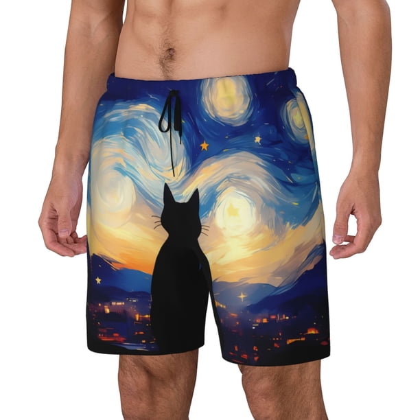 Fotbe Cat Under Starry Skies Traje de Baño para Hombre – Shorts de Natación de Secado Rápido con Forro y Bolsillos-Medium