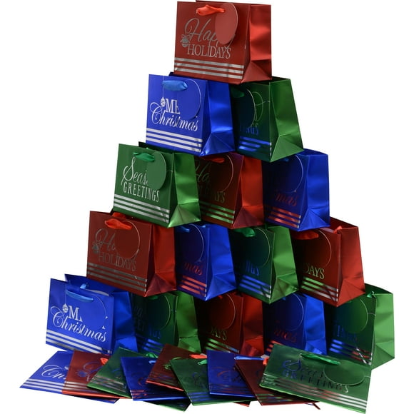 Sacs Cadeaux de Vacances, Style Traditionnel de Noël avec Finition en Aluminium et Timbre Chaud en Argent, 24 Sacs en Rouge, Bleu et Vert (Très Petite Vogue)