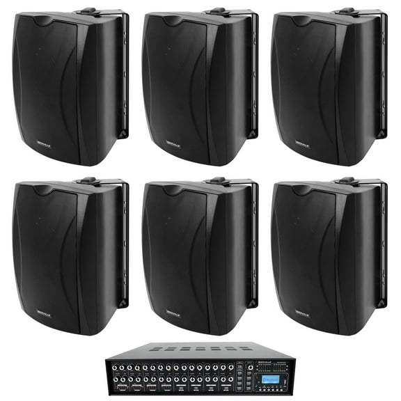 (6) 5.25" Black Wall Speakers 4-Zone 70v Amp For Restaurant/Office/Cafe/Bar