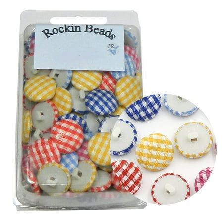 - 100 Cloth Sewing Shank Buttons Ginghum Check Pattern Mixed Colors 5/8 Inch 16.5mm Round