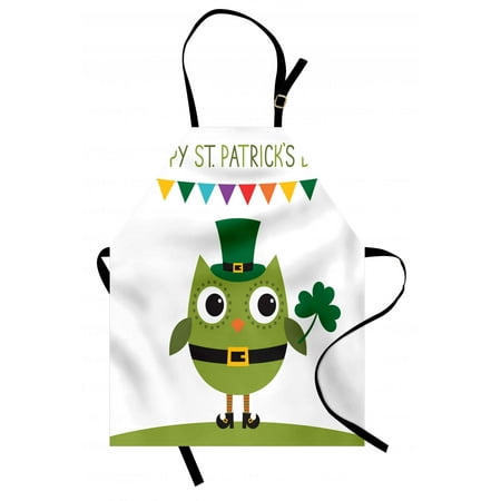 St. Patrick's Day Apron Owl with Leprechaun Costume Greeting Design for Party Shamrock Pattern, Unisex Kitchen Bib Apron with Adjustable Neck for Cooking Baking Gardening, Multicolor, by Ambesonne