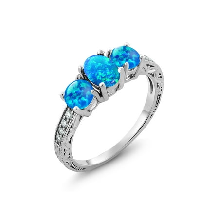 Blue Tourmaline - 1.75 Ct Oval Cabochon Blue Simulated Opal 925 Sterling Silver Ring