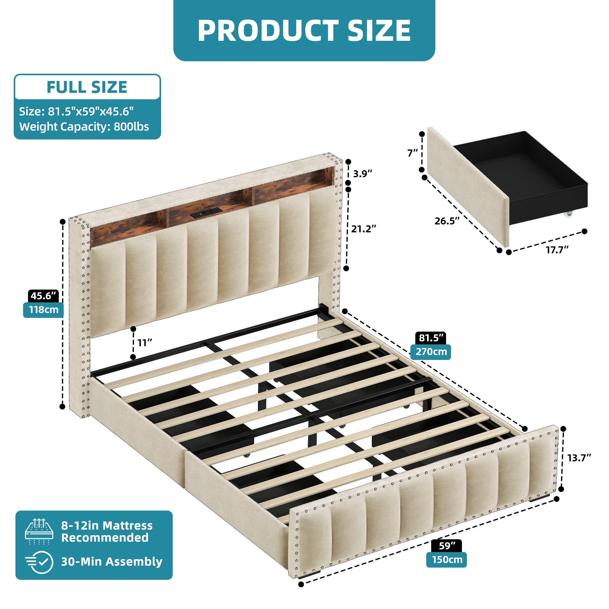 Uforic Full Size LED Velvet Upholstered Platform Bed, Storage Bed Frame with 4 Storage Drawers and Charging Station, Beige