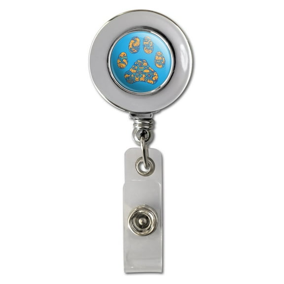 Pets Paw Print with Dog Cat Animal Details Retractable Reel Chrome Badge ID Card Holder Clip