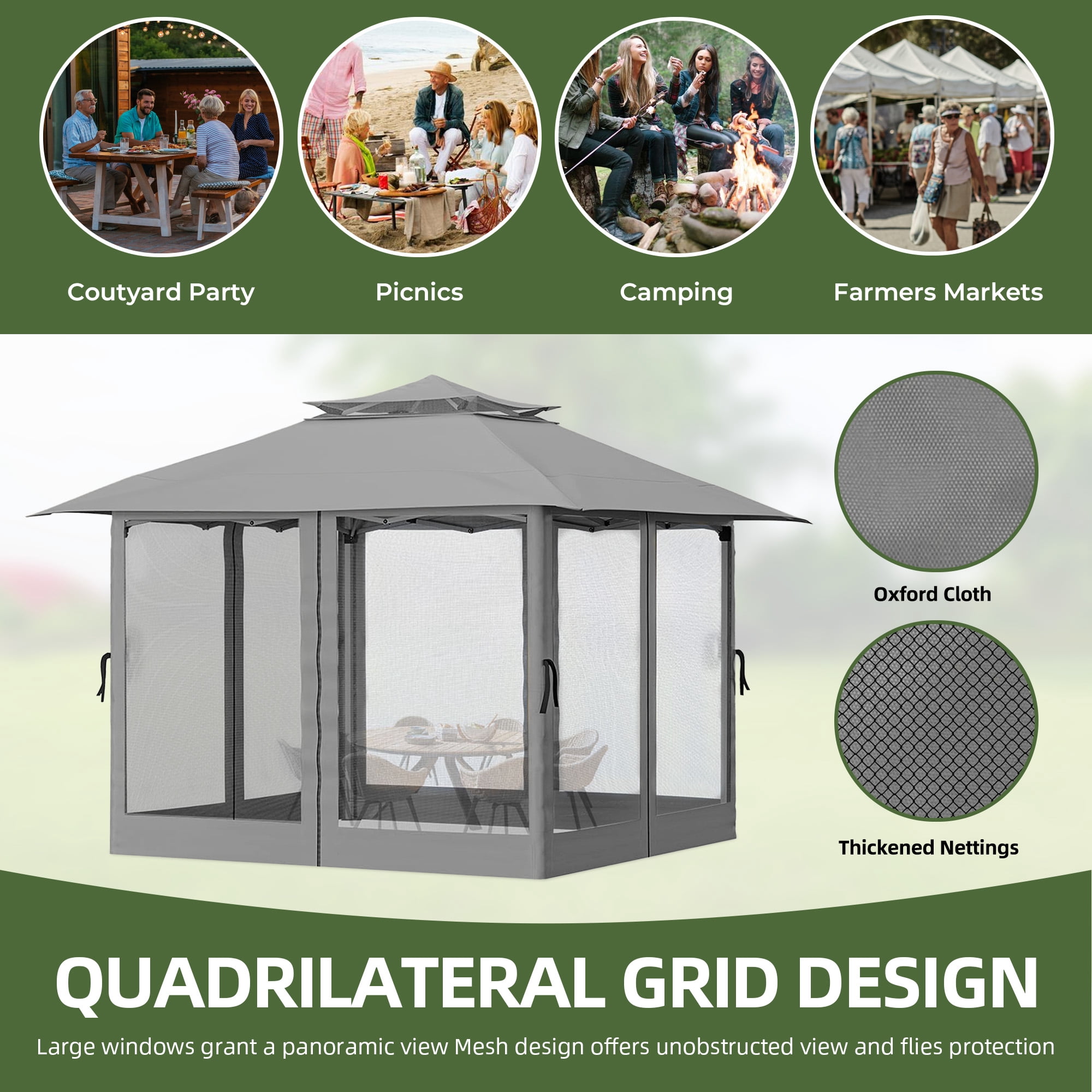 Uforic 12'x12' Pop Up Gazebo, Outdoor Double Roof Gazebo Tent with Netting Walls, Double Vented Roof Canopy, Beige