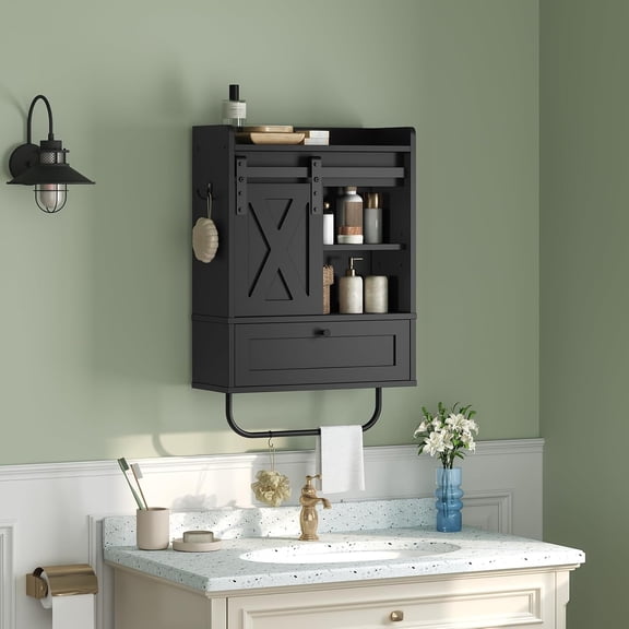 Bathroom Wall Cabinet, Farmhouse Medicine Cabinets with Sliding Door, Wall Mounted Storage Cabinet with Adjustable Shelf and Towel , for Bathroom, Living Room, Kitchen, Black