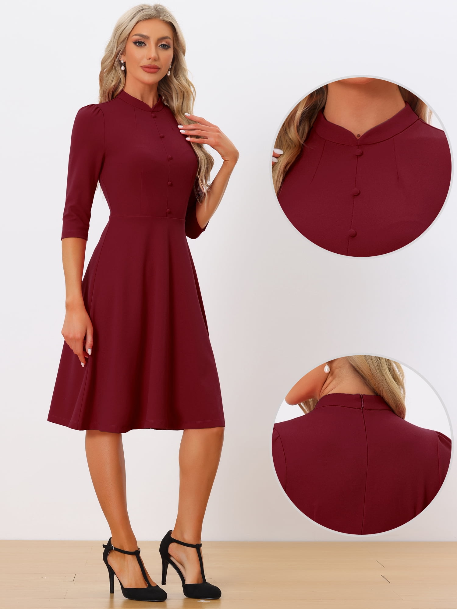 Unique Bargains Women's Sheath 3/4 Sleeves Stand Collar A-Line Dress L Wine Red