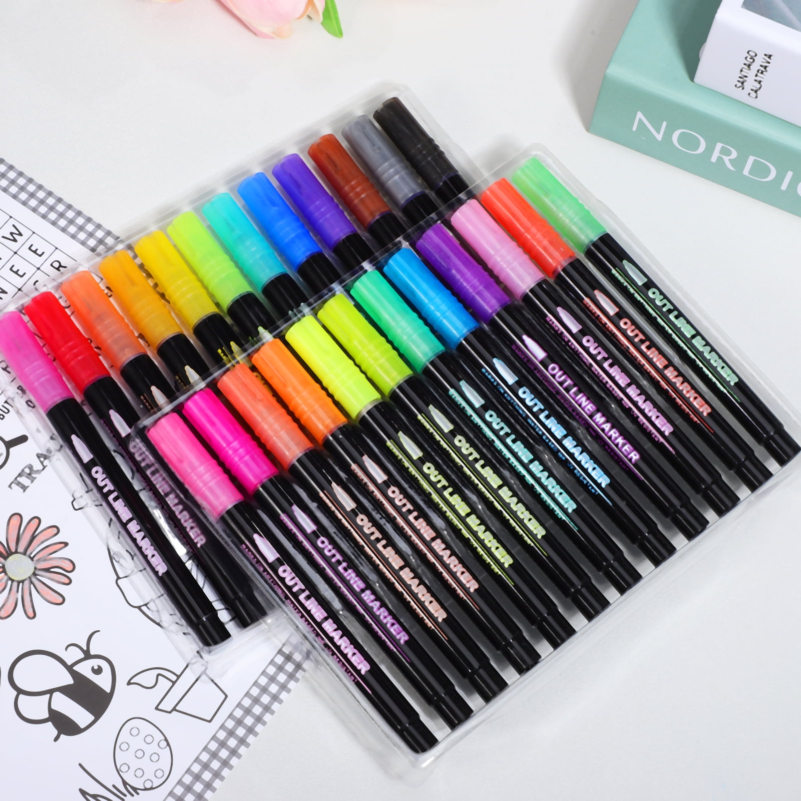 Toyvian 24pcs Glitter Markers Shimmer Outline Pens for Coloring, Painting, Crafting, Cards and Art Projects