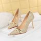 thumbnail image 3 of Zapatos de tacón fino para mujer, de tela a cuadros, con punta puntiaguda y cadena de metal, de lujo, de tacón medio, sexys, 3 of 5