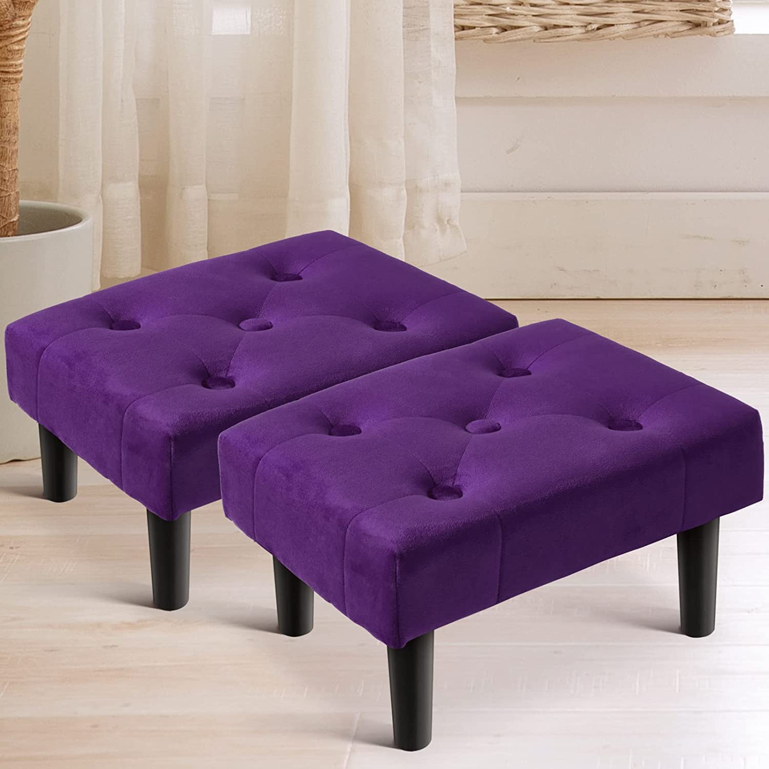 HOUCHICS Small Footstool Ottoman Velvet Soft Footrest Ottoman with Wood
