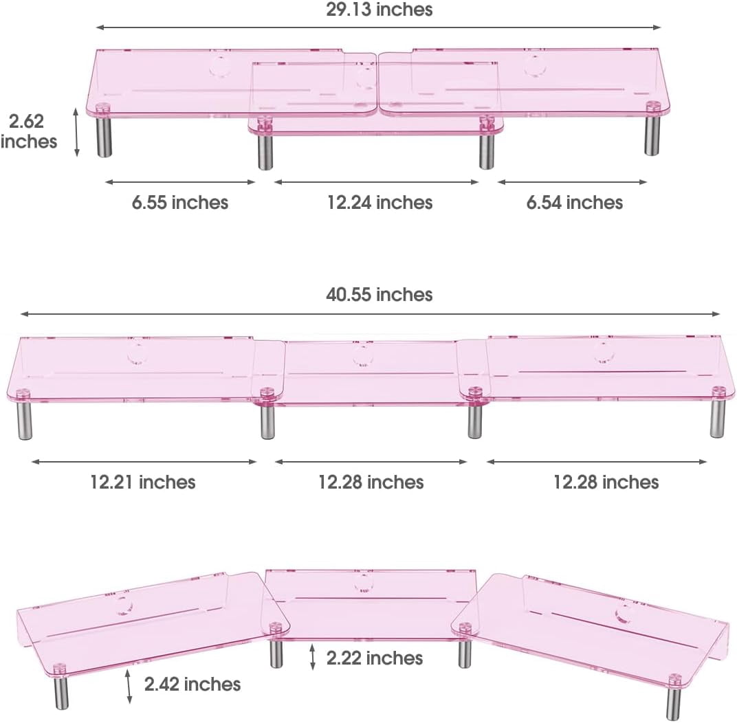 Dual Monitor Stand Riser, 3-Layer Pink Acrylic Desk Organizer with -Slip Pads for 2 Screens