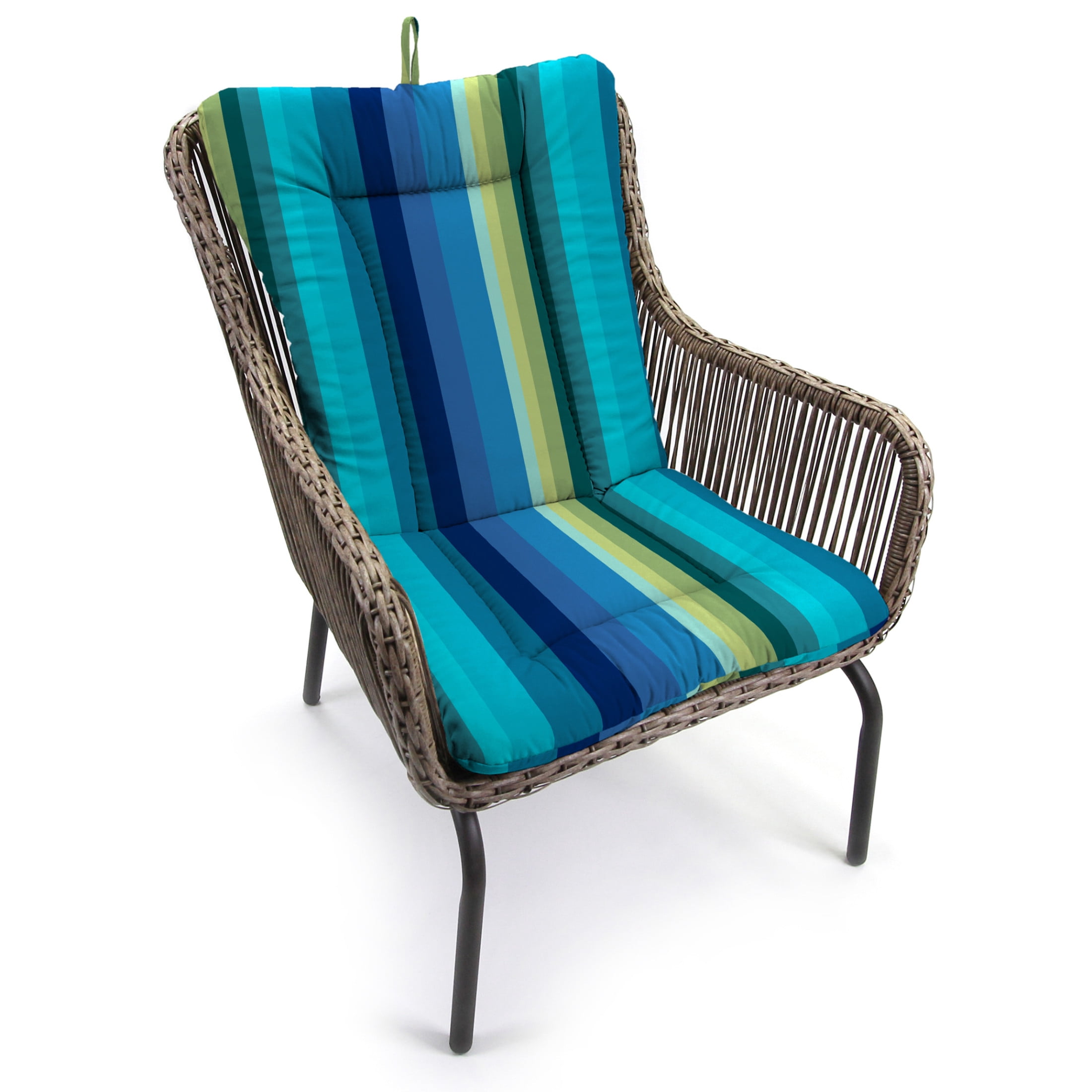 Jordan Manufacturing 38" x 21" Islip Teal Stripe Rectangular Outdoor Wrought Iron Chair Cushion with Ties and Hanger Loop