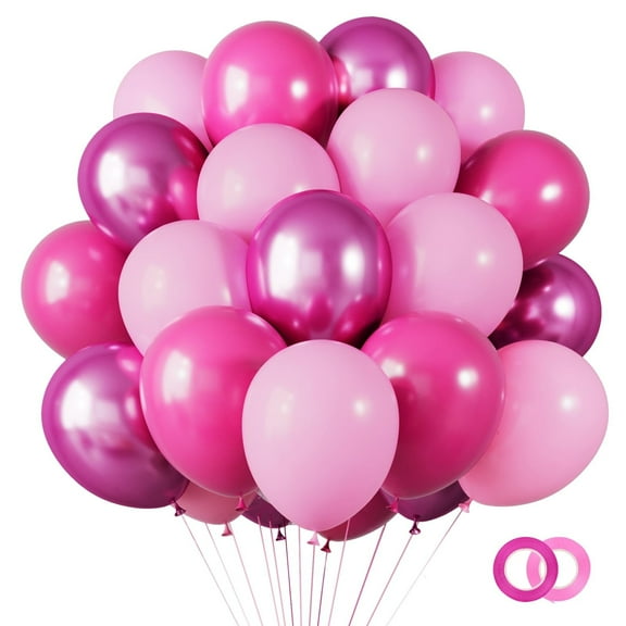 65 Pcs Metallic Pink Balloons, 12 Inches Hot Pink Latex Party Balloons Kit for Birthday, Wedding, Baby Shower, Graduation, Eucalyptus Party Decorations