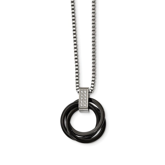 Stainless Steel Polished Multi Circle Black Ceramic Cubic Zirconia Necklace - 22 Inch