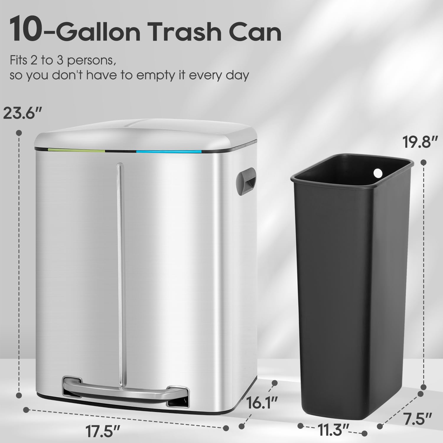 10 Gallon Dual Trash Can, 40 L Garbage Can Kitchen Step Recycle Trash Bin with Dual Removable Bucket, Independent Lids and Pedals, Brushed Stainless Steel, Sliver