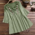 thumbnail image 2 of FAVIPT Women's 3/4 Lace Sleeve Linen Tops Vintage Floral Embroidered Bohemian Tunic Tees V Neck Bandage Patchwork Blouses Peasant Loose 2025 Tops Army Green,XXL, 2 of 6