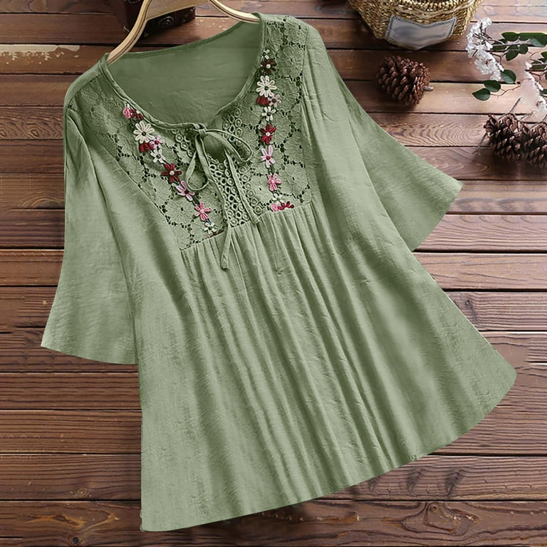 中華のおせち贈り物 3/4 Tops Shirts Summer Women's POIUYTR Sleeve Bandage V-Neck トップス