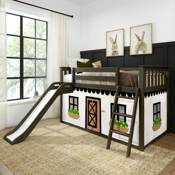 Low Bunk With Easy Slide & Black & White Farmhouse Curtain, Clay