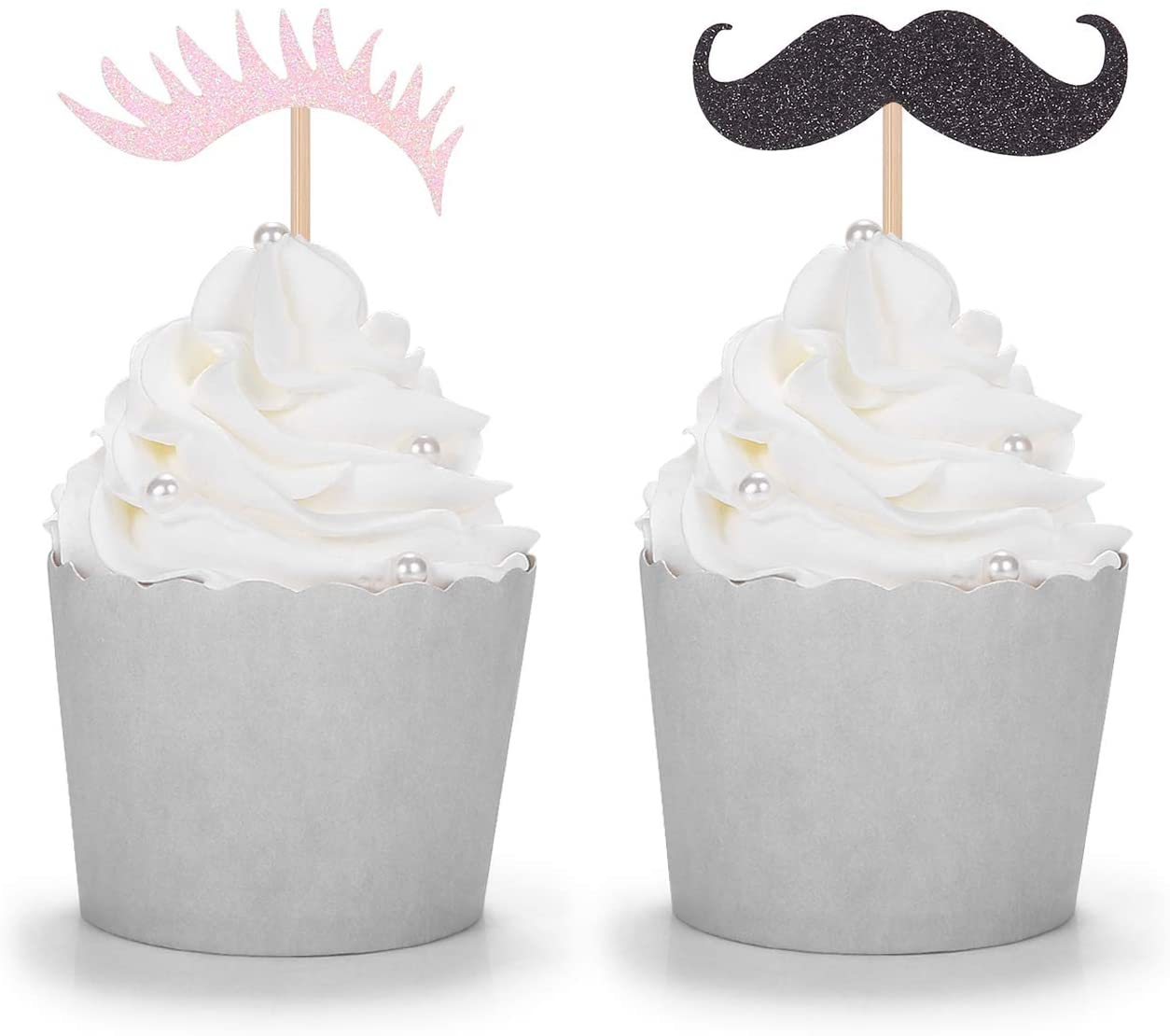Pack of 24 Staches or Lashes Gender Reveal Cupcake Toppers Baby Shower Decora...