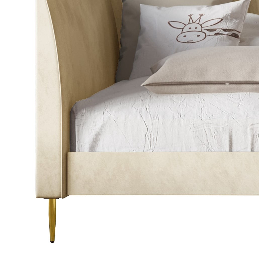 Home Design Dayton Twin Daybed, Beige Velvet Upholstered Frame, Tuxedo Arms, Vertical Tufting, Plush Cushions, Gold Metal Legs for Stylish Seating & Sleeping